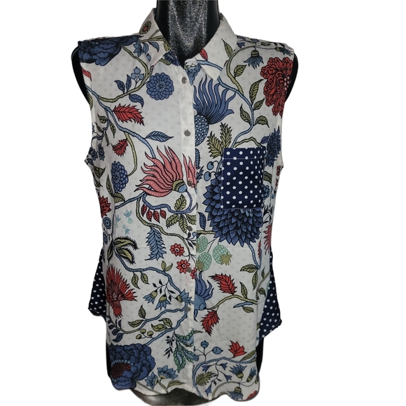 Marie Claire Floral Sleeveless Button Up Top with Polka Dot Accents L - Picture 1 of 6